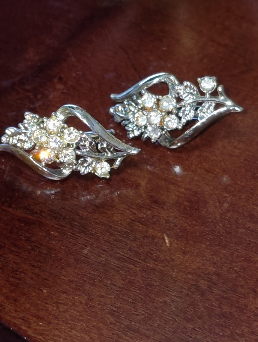 Coro Silver-Tone Floral Crystal Cluster Earrings - Clear Sparkle